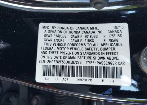 2013 Honda Civic Lx из США, поврежденный, VIN 2HGFB2F56DH587276